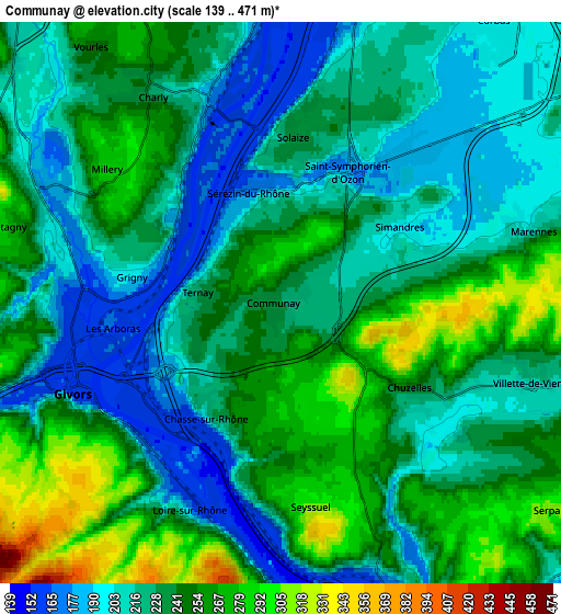 Zoom OUT 2x Communay, France elevation map