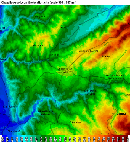 Zoom OUT 2x Chazelles-sur-Lyon, France elevation map