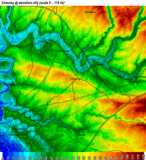Zoom OUT 2x Chauray, France elevation map