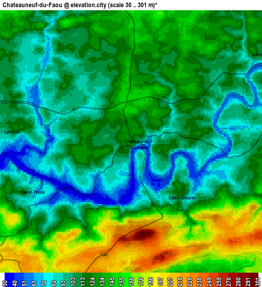 Zoom OUT 2x Châteauneuf-du-Faou, France elevation map