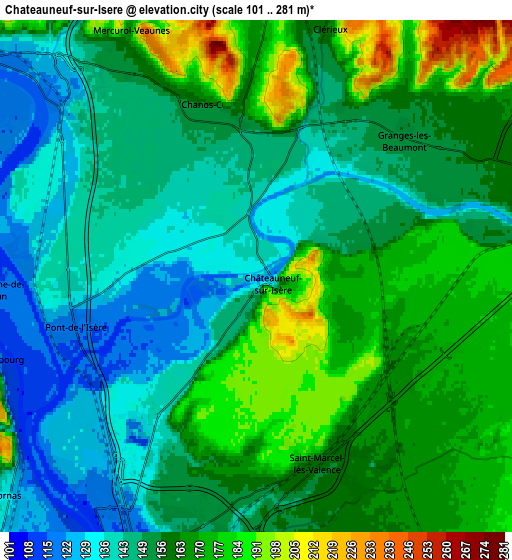 Zoom OUT 2x Châteauneuf-sur-Isère, France elevation map