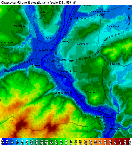 Zoom OUT 2x Chasse-sur-Rhône, France elevation map