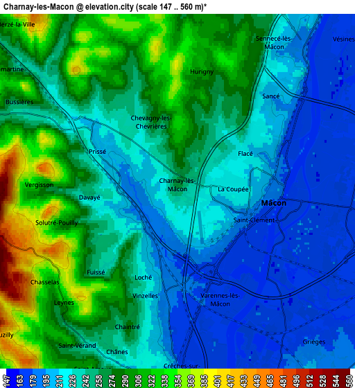 Zoom OUT 2x Charnay-lès-Mâcon, France elevation map