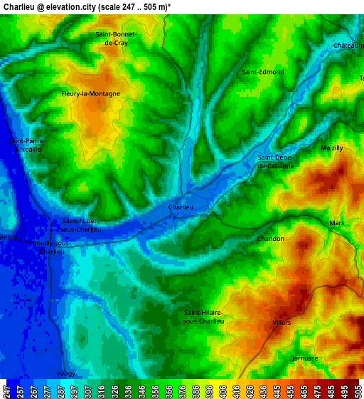 Zoom OUT 2x Charlieu, France elevation map