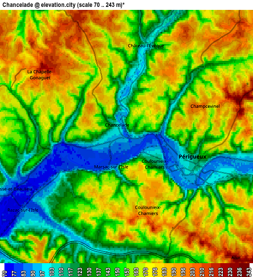 Zoom OUT 2x Chancelade, France elevation map