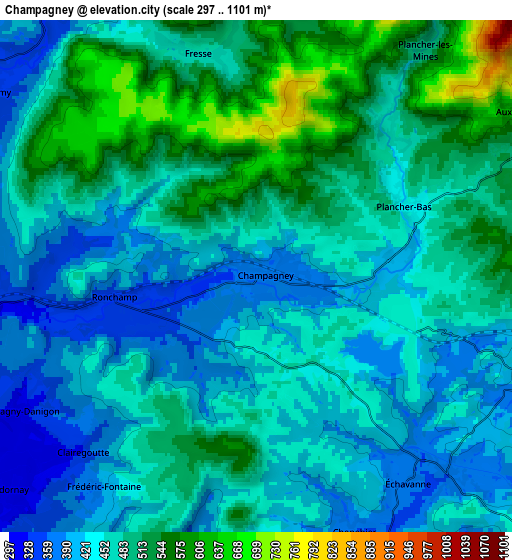 Zoom OUT 2x Champagney, France elevation map