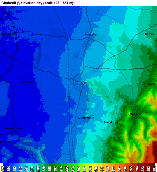 Zoom OUT 2x Chabeuil, France elevation map
