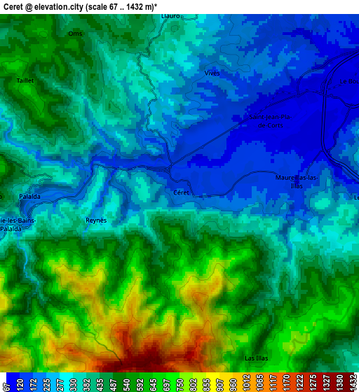 Zoom OUT 2x Ceret, France elevation map