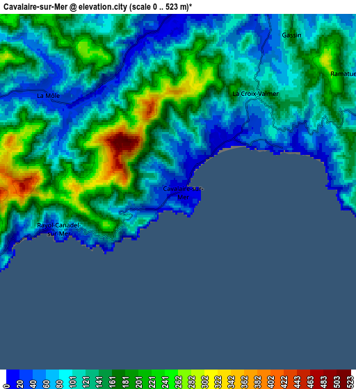 Zoom OUT 2x Cavalaire-sur-Mer, France elevation map
