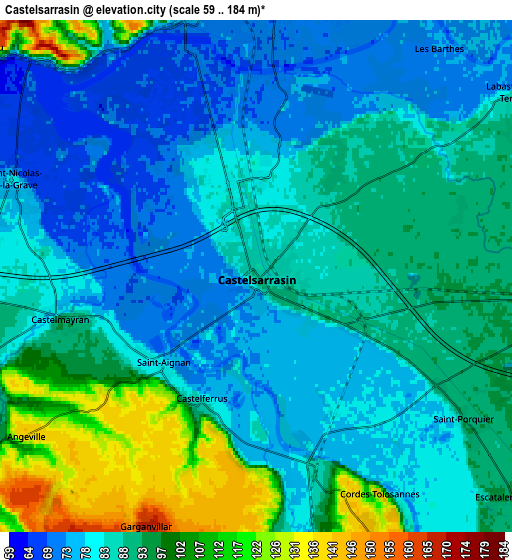 Zoom OUT 2x Castelsarrasin, France elevation map