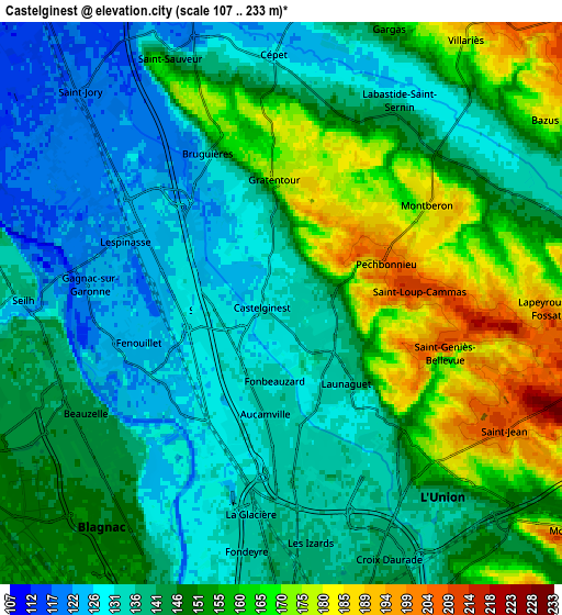 Zoom OUT 2x Castelginest, France elevation map