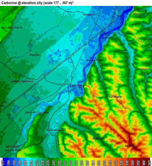 Zoom OUT 2x Carbonne, France elevation map