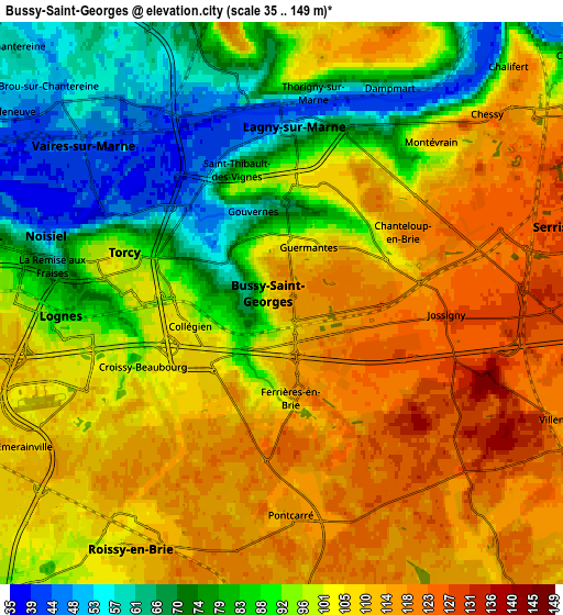 Zoom OUT 2x Bussy-Saint-Georges, France elevation map