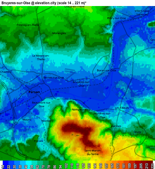 Zoom OUT 2x Bruyères-sur-Oise, France elevation map