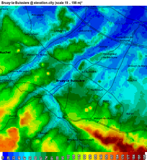 Zoom OUT 2x Bruay-la-Buissière, France elevation map