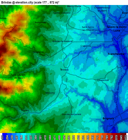 Zoom OUT 2x Brindas, France elevation map