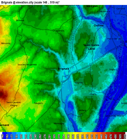 Zoom OUT 2x Brignais, France elevation map