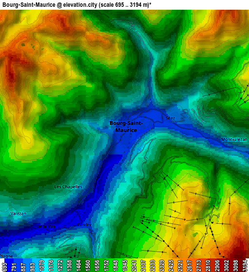 Zoom OUT 2x Bourg-Saint-Maurice, France elevation map