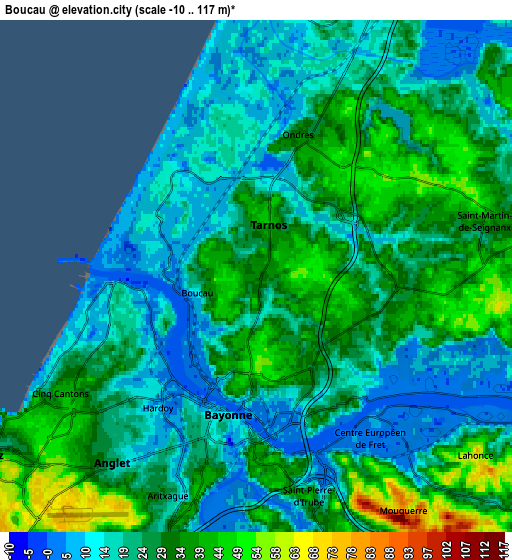 Zoom OUT 2x Boucau, France elevation map