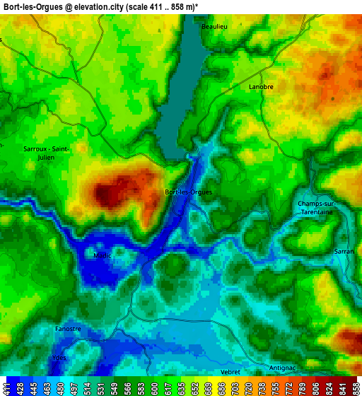 Zoom OUT 2x Bort-les-Orgues, France elevation map