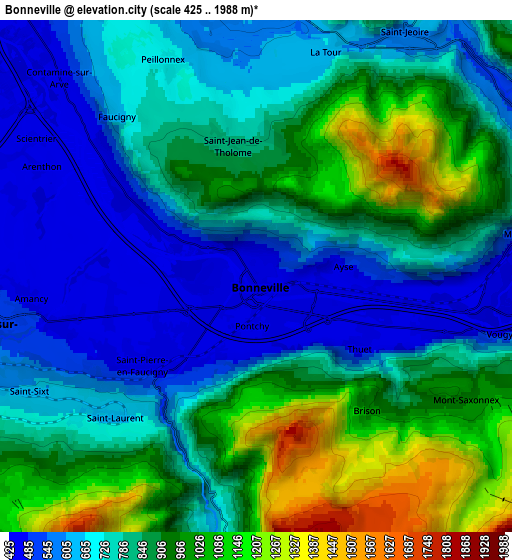 Zoom OUT 2x Bonneville, France elevation map