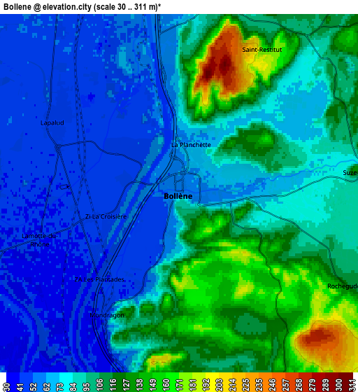 Zoom OUT 2x Bollène, France elevation map