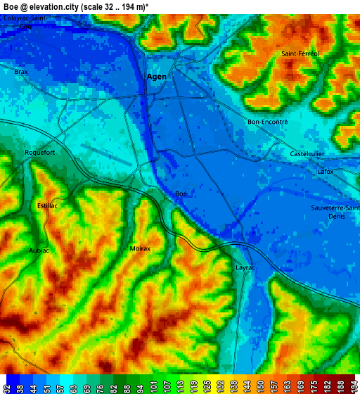 Zoom OUT 2x Boé, France elevation map