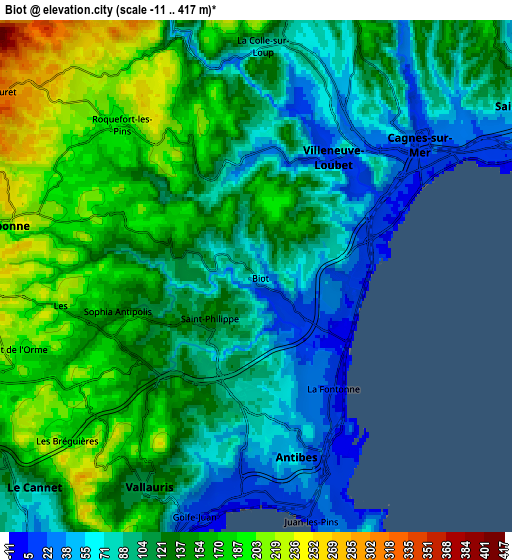 Zoom OUT 2x Biot, France elevation map