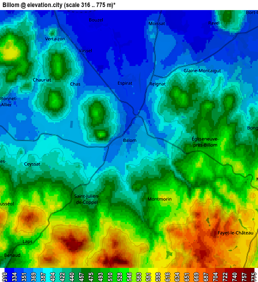 Zoom OUT 2x Billom, France elevation map