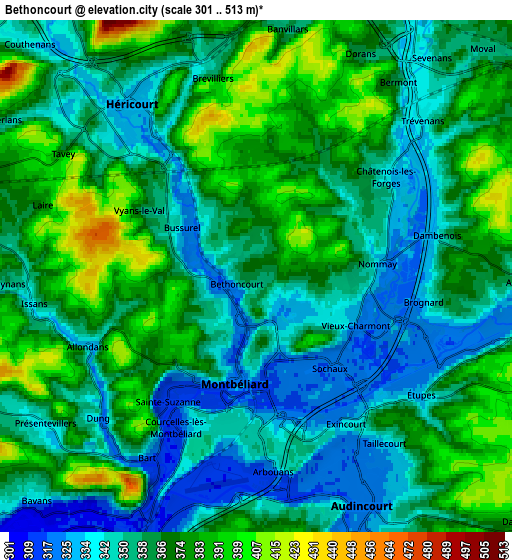 Zoom OUT 2x Bethoncourt, France elevation map