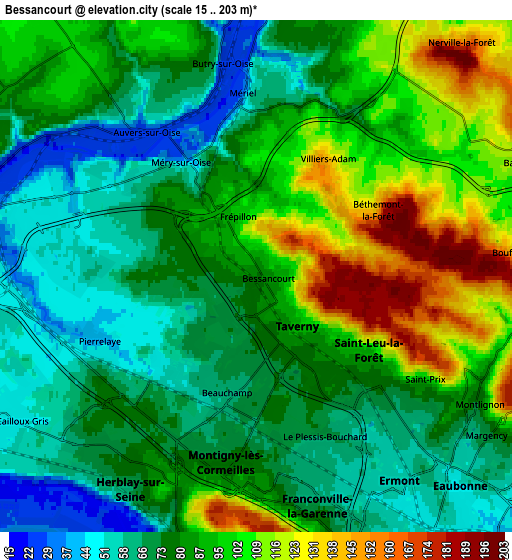 Zoom OUT 2x Bessancourt, France elevation map