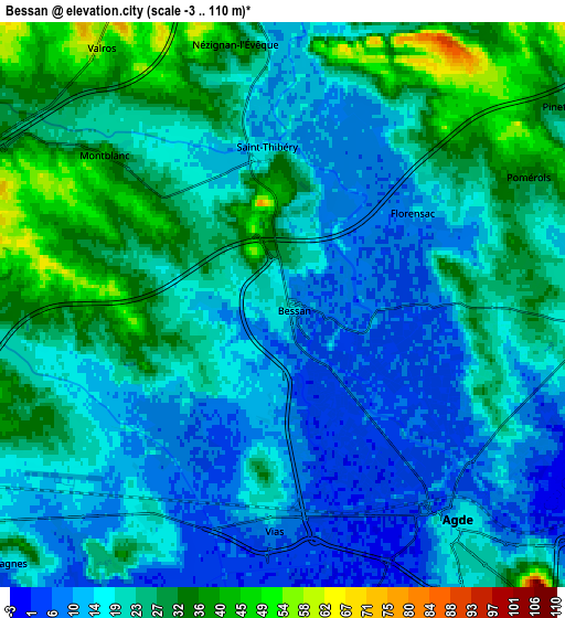 Zoom OUT 2x Bessan, France elevation map