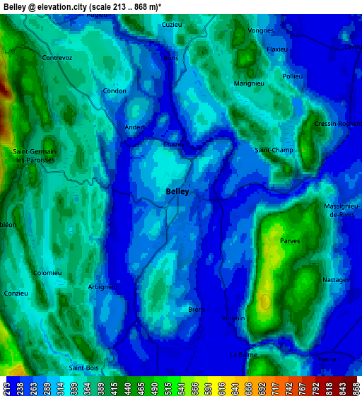 Zoom OUT 2x Belley, France elevation map