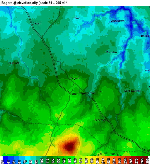 Zoom OUT 2x Bégard, France elevation map