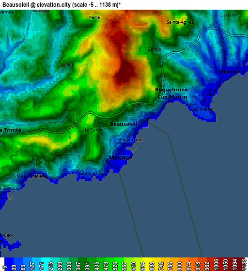 Zoom OUT 2x Beausoleil, France elevation map