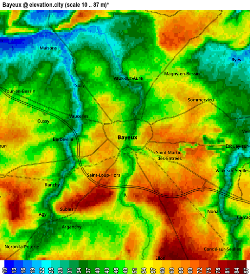 Zoom OUT 2x Bayeux, France elevation map