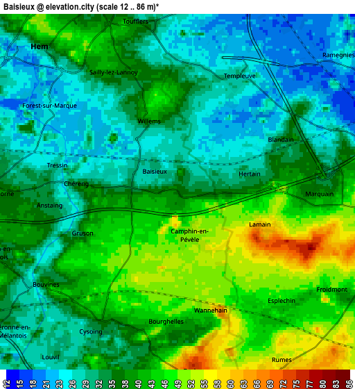 Zoom OUT 2x Baisieux, France elevation map