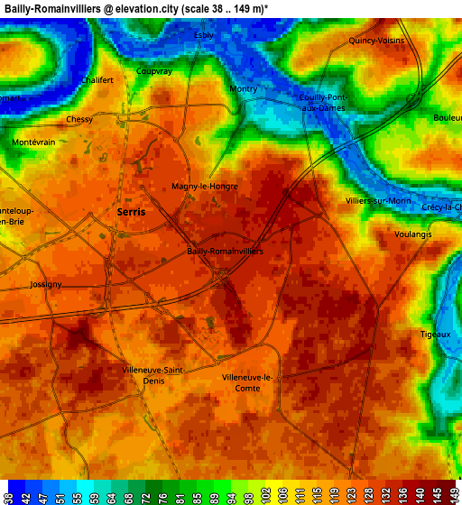 Zoom OUT 2x Bailly-Romainvilliers, France elevation map