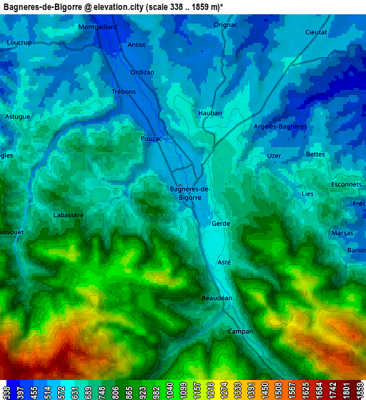 Zoom OUT 2x Bagnères-de-Bigorre, France elevation map