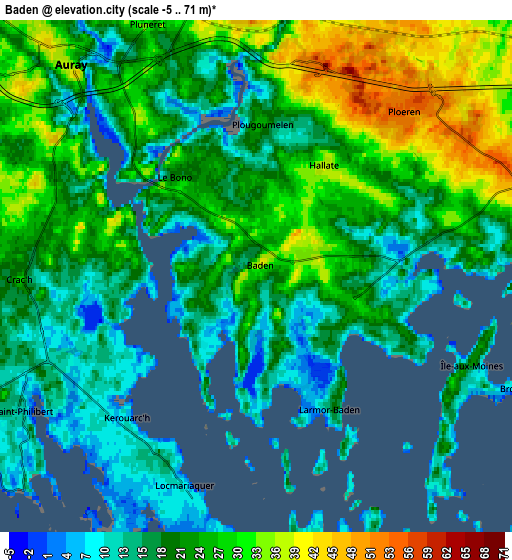 Zoom OUT 2x Baden, France elevation map