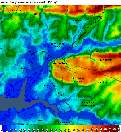 Zoom OUT 2x Avranches, France elevation map