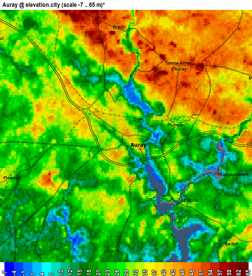 Zoom OUT 2x Auray, France elevation map