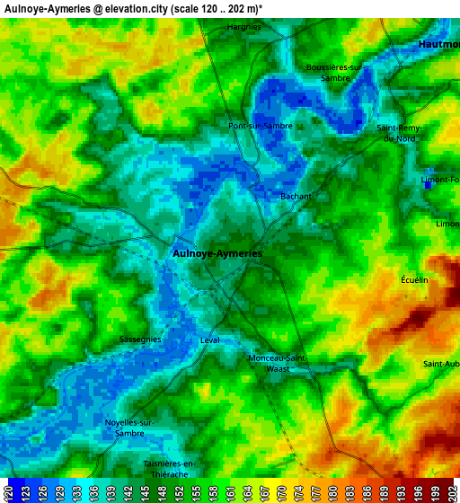 Zoom OUT 2x Aulnoye-Aymeries, France elevation map