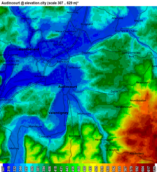 Zoom OUT 2x Audincourt, France elevation map