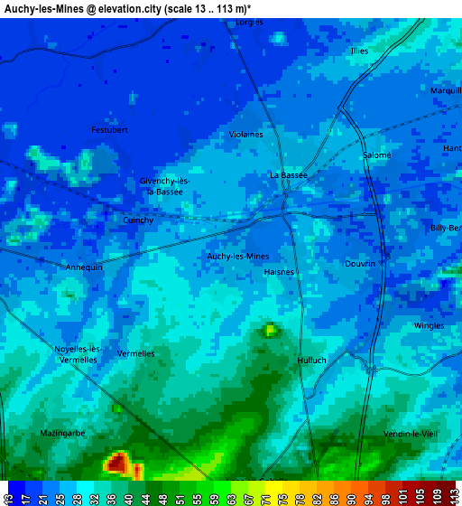 Zoom OUT 2x Auchy-les-Mines, France elevation map