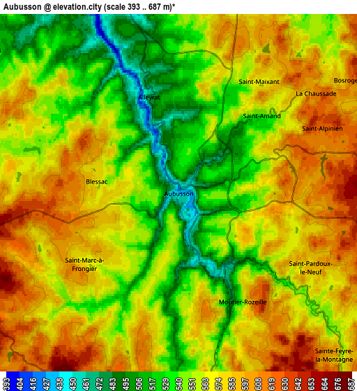 Zoom OUT 2x Aubusson, France elevation map