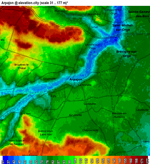 Zoom OUT 2x Arpajon, France elevation map