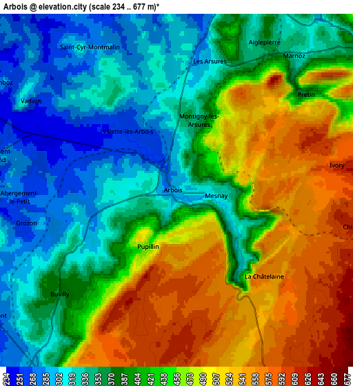 Zoom OUT 2x Arbois, France elevation map