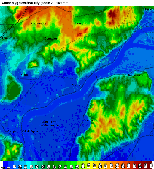 Zoom OUT 2x Aramon, France elevation map