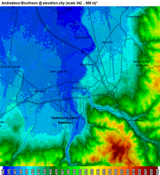 Zoom OUT 2x Andrézieux-Bouthéon, France elevation map